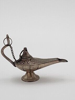 Vintage Aladdin Genie Lamp Silver Plated Brass w/ Engraved Floral Design